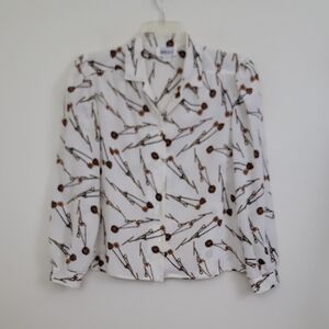 Vintage Leslie Fay White Blouse w/ Brown Necklace Chain Pattern Blouse 10 Petite